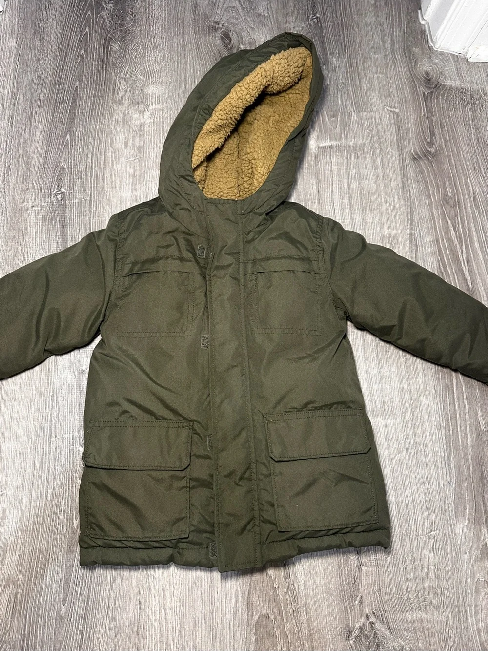 Old Navy Kids Olive Green Hooded Puffer Jacket with Sherpa Hood